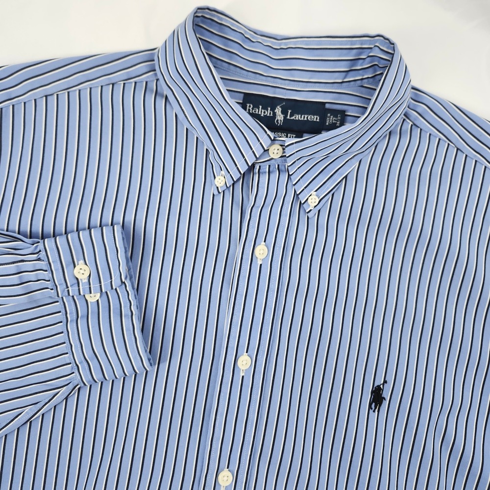 Ralph Lauren Mens Striped Button Down Shirt Size 17 36/37 Blue Black Pony Logo